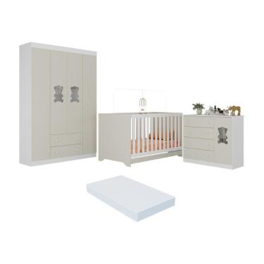 Imagem de Quarto De Bebê Completo Com Berço Americano 3 Em 1 Colchão Teddy Multimóveis MP4660 Branco-off White