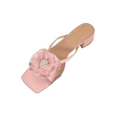 Imagem de Chinelos femininos de salto baixo com detalhe de flor e bico quadrado com design de cor sólida e estilo casual confortável, rosa, 38