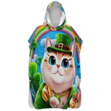 Imagem de Joisal Poncho de surfe de gato de São Patrício com desenho animado para adultos, trocador de roupa, ponchos de praia vestíveis para homens, toalhas de banho com capuz