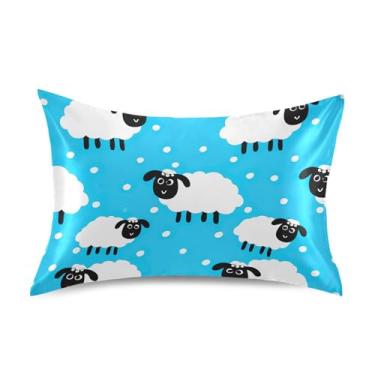 Imagem de Fronhas refrescantes engraçadas personalizadas padrão king queen fronha de cetim macio cama travesseiro slip queen tamanho 76.2 cm x 50.8 cm bonito branco ovelha azul