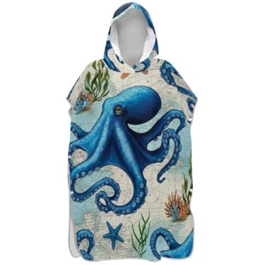 Imagem de Joisal Poncho de surfe para adultos trocador de roupão de praia com capuz toalha de natação plus size ponchos femininos com capuz tentáculos vintage estrela do mar azul