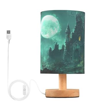 Imagem de Joisal Abajur de mesa redonda de castelo assombrado de Halloween com abajur de linho, luminárias de quarto para quarto