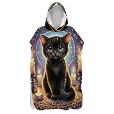 Imagem de Poncho de surfe de gato preto leve e fofo para adultos trocador de roupa de banho com capuz bonito ponchos adultos para mulheres