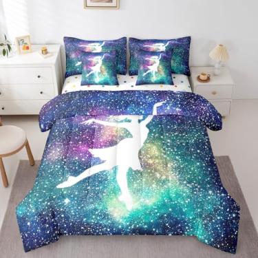 Imagem de Erosebridal Conjunto de cama casal de 7 peças para amantes de ginasta, para crianças, meninas, adolescentes, mulheres, conjunto de edredom com silhueta de dançarina, galáxia, céu estrelado
