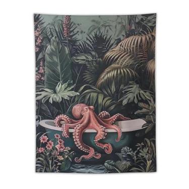 Imagem de Tapeçaria engraçada de polvo na banheira, decoração de parede botânica tropical, criatura marinha, criatura marinha, decoração de arte para chuveiro, casa de praia, spa náutico, decoração de parede