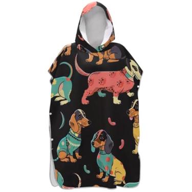 Imagem de Joisal Poncho de surfe para adultos trocador de roupão com capuz toalha de banho de secagem rápida bonito cão dachshund preto feminino ponchos com capuz