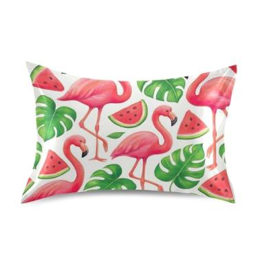 Imagem de Fronhas de cetim engraçadas padrão King Queen fronhas para decoração de cama refrescante tamanho padrão 66 cm x 50 cm folhas tropicais flamingos rosa