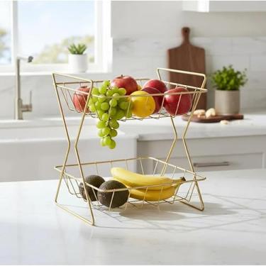 Imagem de Fruteira Dupla Aramada de Mesa em Aço para Cozinha Organização e Decoração(DOURADO)