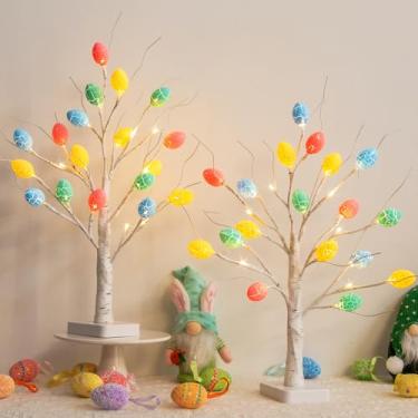 Imagem de Vanthylit Decorações de Páscoa, pacote com 2 unidades de árvore de Páscoa iluminada operada por bateria com temporizador, 55 cm de LED, bétula com 36 ornamentos de ovos, luz central de mesa interna