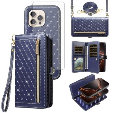 Imagem de Capa de telefone para iPhone 16 Pro Max 17.5 cm carteira com zíper destacável protetor de tela alça transversal Bling Flip suporte para cartão de crédito i Phone16 16Pro i16 ProMax 16ProMax mulheres