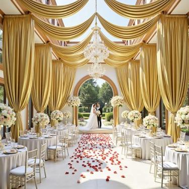 Imagem de PartyVillage Cortina de fundo dourada de Natal com 4 painéis de 1,5 m x 12,2 m para festas de casamento – 1,5 m de poliéster grosso extralongo sem rugas para decoração de barraca para festa de