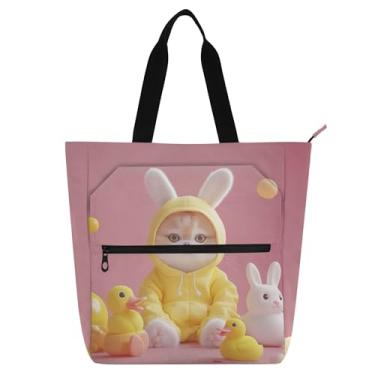 Imagem de GAIGEO Bolsa de ombro divertida de coelho, gato, animais, rosa, para mulheres e crianças, escola, trabalho, viagem, zíper