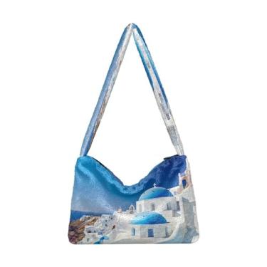 Imagem de Bolsa de ombro feminina preta com rosas e folhas florais, bolsa de ombro de tamanho médio, bolsas de outono, Parede pintada de branco e azul - 1, One Size