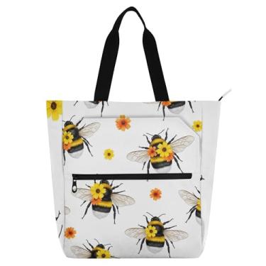 Imagem de GAIGEO Bolsa feminina Bumblebees com flor laranja amarela para trabalho, lona, praia, livro, bolsa com zíper, bolsa carteiro com compartimentos