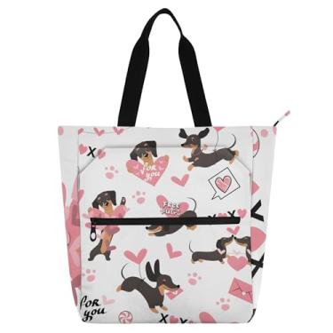 Imagem de Bolsa feminina Dachshund Dogs Love Hearts Work Tote de lona com zíper bolsa de praia bolsas médias presente para amantes de livros