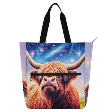 Imagem de GAIGEO Bolsas de trabalho femininas coloridas de vaca Highland Glittery, lona, praia, escola, bolsa utilitária, bolsas infantis com compartimentos