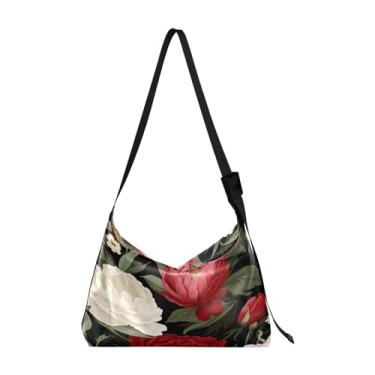 Imagem de Bolsa feminina Hobo com peixes tropicais coloridos, bolsa tiracolo de couro vegano, bolsa transversal de couro sintético, Flores de peônia floral-3, One Size