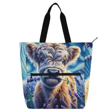 Imagem de GAIGEO Highland Cow Lavender Floral Work Bags for Women Tote Canvas Beach Book Tote with Zipper Professores Bolsas Amantes de Livros