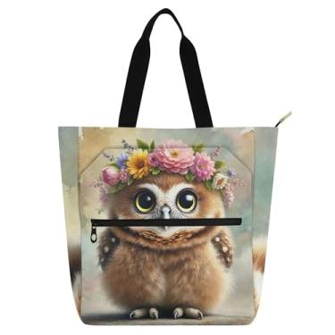 Imagem de GAIGEO Linda bolsa de mão floral com coroa de coruja para crianças, mulheres, escola, trabalho, viagem, zíper, bolsa de lona média