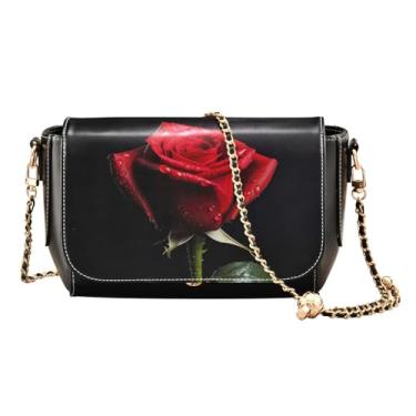 Imagem de GAIGEO Bolsa tiracolo Bear Drink Milk de couro, bolsa tiracolo feminina de couro, bolsa de ombro com zíper, Preto com uma rosa vermelha - 1, One Size