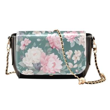 Imagem de GAIGEO Bolsa de ombro média com quatro flores de peônia para mulheres, bolsa tiracolo feminina de couro, Verde floral - 2, One Size