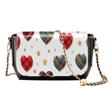 Imagem de Bolsa de ombro transversal de couro preto com flor em preto, bolsa tiracolo ajustável, bolsa de ombro média para mulheres, Corações de Natal em Tartã em Branco-4, One Size