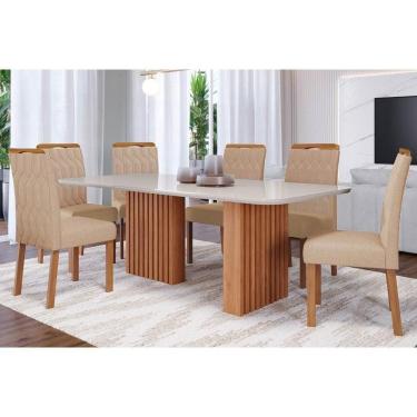 Imagem de Conjunto Mesa De Cozinha Ester Com Tampo Madeirado Com Vidro 180x90cm E 6 Cadeiras Paola Nature Suede Nude Bege Cimol