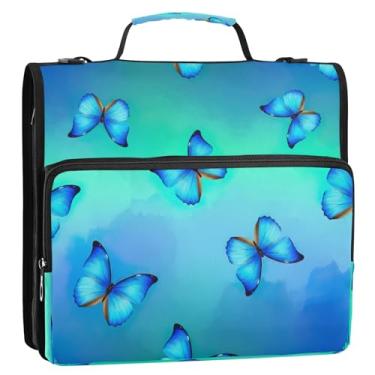 Imagem de Bolsa organizadora de fichário com zíper azul-petróleo, borboletas azuis, 3 anéis, 3 anéis, com alça e alça de ombro, comporta 500 folhas para escola ou escritório