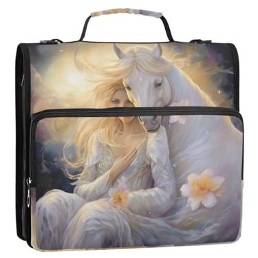 Imagem de Fichários divertidos de 3 cm com 3 anéis, pintura de cavalo branco, floral, zíper floral, estojo de armazenamento com alça para fichários escolares com alça de ombro