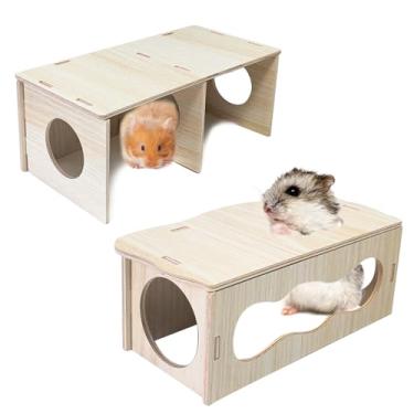 Imagem de 2 peças de esconderijo de hamster de madeira, conjunto de túneis multicâmaras, casa de hamster, labirinto, plataforma, exploração, acessórios de gaiola de brinquedo para ratos gerbil (M+M)