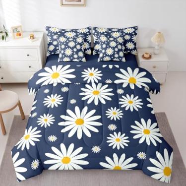 Imagem de Erosebridal Conjunto de cama solteiro com estampa de flores de desenho animado, margarida branca marinho em uma bolsa para crianças, meninas e adolescentes, conjunto de edredom floral descolado, com