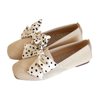 Imagem de Tênis feminino de malha respirável com laço de bolinhas – Sapatilhas leves sem cadarço para uso casual diário, Bege, 39