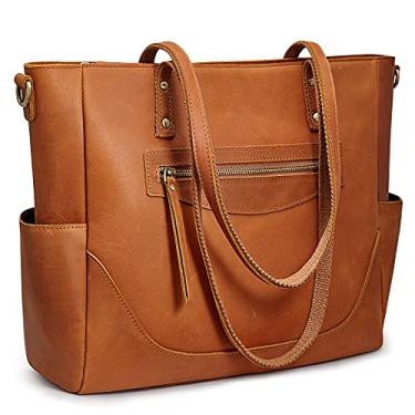 Imagem de S-ZONE Bolsa feminina vintage de couro legítimo, bolsa de ombro grande, bolsa de trabalho com alça transversal, Conhaque, Large