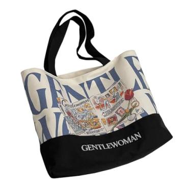 Imagem de RYZGOJV Sacola grande de lona de algodão super forte, bolsa de pano reutilizável para compras de supermercado, sacola elegante para mulheres - letras azuis