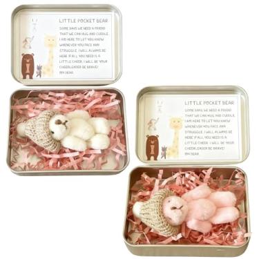 Imagem de Roioiow 2 Pieces My Little Worry Bear in Tin Box- Plush Teddy Pocket Hug with Greeting Cards for Support, Relationship Gifts for Friends, Colleagues, and Family (White,Pink)