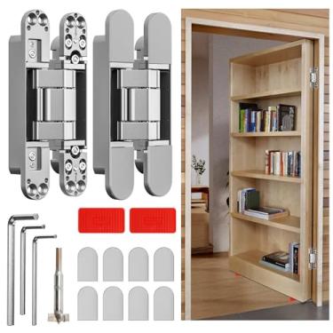 Imagem de Loodmeo Dobradiça de porta oculta/porta invisível, dobradiça ajustável de 3 vias, dobradiça silenciosa, dobradiça giratória de 180 graus, 6 x 2,5 x 1 (2 peças) (prata, 15 cm)