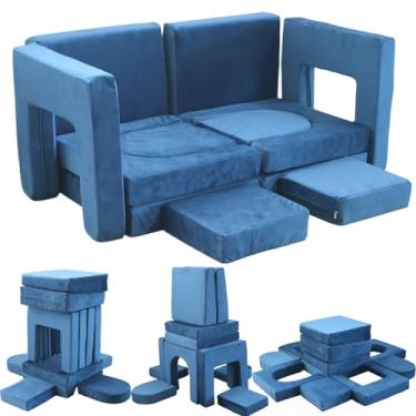 Imagem de Jadoxy Sofá infantil para brincar com 12 peças, sofá modular para crianças, sofá de espuma multifuncional para quarto, almofada de chão conversível imaginativa para meninos e meninas (azul escuro)