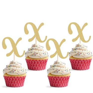 Imagem de Topper de cupcake de 26 letras - pacote com 24 decorações de cupcake com glitter e letra dourada, adequado para festa de aniversário, aniversário de casamento ou adereços de cabine de fotos (X)