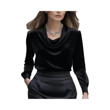 Imagem de Blusa Feminina De Seda Satin De Manga Longa Slim Fit Para Escritório, 