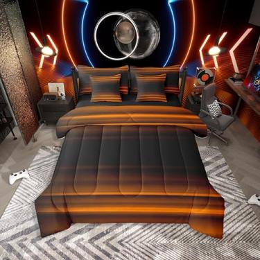 Imagem de Erosebridal Conjunto de cama de 7 peças, solteiro, ombré, com lençóis, arte abstrata, estampa 3D, moderna, geométrico, em uma bolsa, laranja e preto