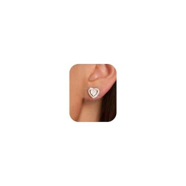 Imagem de BSGRL Brincos de coração - Brincos de coração banhados a ouro 14K banhado a ouro branco Love Sparkle zircônia cúbica com detalhes em halo projetado para mulheres, festas de casamento, Latão, Sem pedra