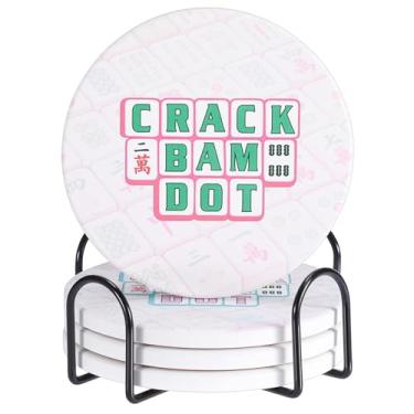 Imagem de Hoowen Porta-copos de Mahjong com suporte, porta-copos de cerâmica para bebidas, conjunto de 4, porta-copos redondos absorventes, presente de Mahjong e acessórios para a maioria dos copos, jogos de