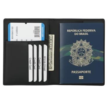 Imagem de Porta Passaporte Couro Legítimo Proteção RFID Bloqueia Clonagem Dados Carteira Viagem Documentos Cartões Dinheiro Slim 14.5cm Organização Check-in Seguro Internacional