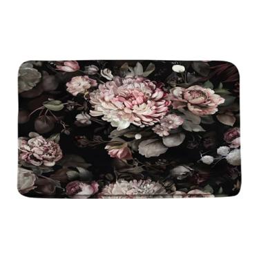 Imagem de Tapete de banho floral preto vintage boho flor fofa peônia rústica botânica arte moderna elegante tapete de decoração de banheiro tapete de chão, 17,7 x 29,5 polegadas