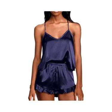 Imagem de Conjunto De Pijama Sexy De Seda Satin Para Mulheres, Top Cami Com Deco