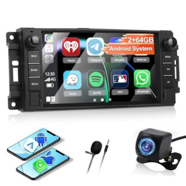 Imagem de [2 + 64 G] para Jeep Wrangler Dodge RAM Avenger Challenger Chrysler 17.8 cm Android Car Radio Stereo - Carplay sem fio e Android Auto, WiFi, GPS, Mirror Link, rádio FM/RDS + câmera de reserva AHD +