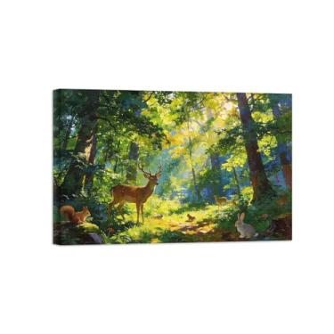 Imagem de BMZFYBS Impressão em tela de paisagem de arte de parede - Animais da floresta da primavera - Pintura de decoração - Imagens para sala de estar pronta para pendurar tela embrulhada 50 x 75 cm 20 x 30