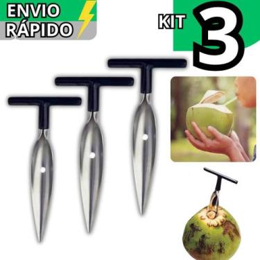 Imagem de Kit 3 Fura Coco Abridor Manual Em Inox Profissional Rápido e Prático F