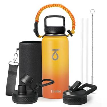 Imagem de Garrafa térmica de água Trebo com tampa e canudo, esportiva, de aço inoxidável com parede dupla a vácuo, com alça de paracord, mantém quente 24 h/frio 48 h, copo com 3 tampas, 946 ml, laranja