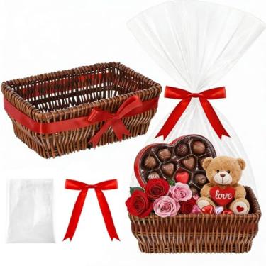 Imagem de Threehoney Cesta de presente de vime de Natal vazia para encher 30,5 x 17,8 x 12,7 cm cestas vazias para presentes com saco e fita de laço para presente de Natal, chá de bebê, aniversário, casamento